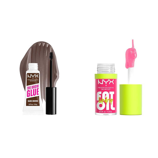 NYX PROFESSIONAL MAKEUP The Brow Glue, Extreme Hold Tinted Eyebrow Gel - Dark Brown & Fat Oil Lip Drip, Moisturizing, Shiny and Vegan Tinted Lip Gloss - Missed Call Sheer Pink