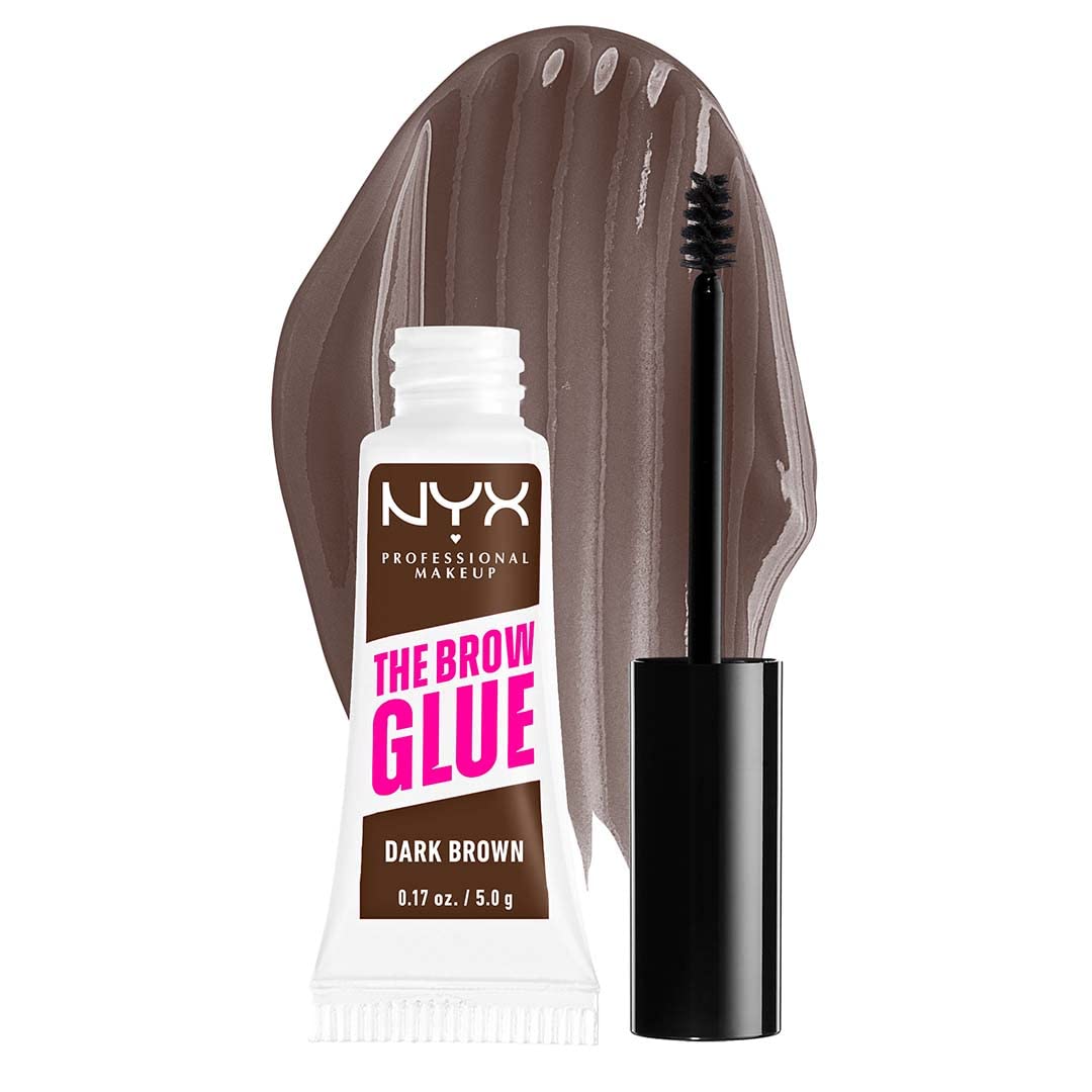 NYX PROFESSIONAL MAKEUP The Brow Glue, Extreme Hold Tinted Eyebrow Gel - Dark Brown & Fat Oil Lip Drip, Moisturizing, Shiny and Vegan Tinted Lip Gloss - Missed Call Sheer Pink