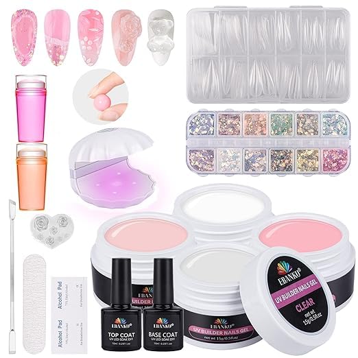 EBANKU Solid Builder Gel with Nail Stamp, Nail Sculpture Gel Kit 4 Colors Nude Clear White Pink Builder UV Gel & 2PCS French Nail Stamper Silicone for Nail Decoration