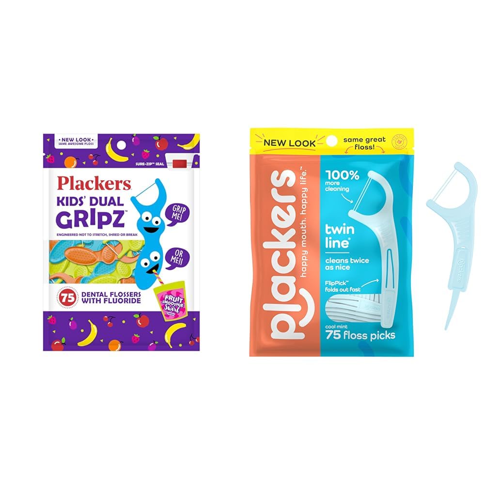 Plackers Kids Dual Gripz Floss Picks with Double Grip Handle & Twin-Line Dental Flossers, Cool Mint Flavor, Dual Action Flossing System, Easy Storage, Super Tuffloss, 2X The Clean, 75 Count