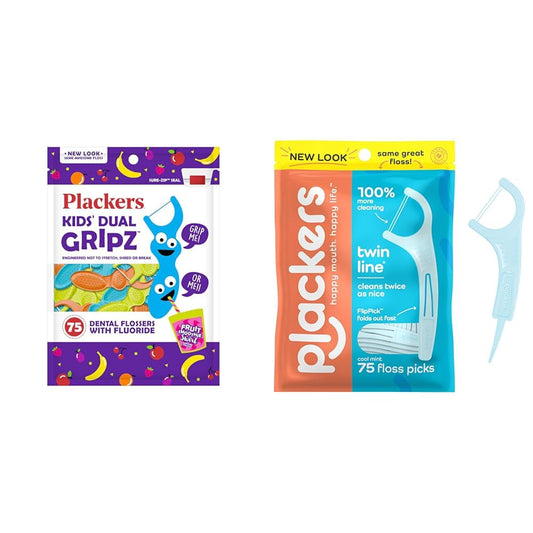 Plackers Kids Dual Gripz Floss Picks with Double Grip Handle & Twin-Line Dental Flossers, Cool Mint Flavor, Dual Action Flossing System, Easy Storage, Super Tuffloss, 2X The Clean, 75 Count