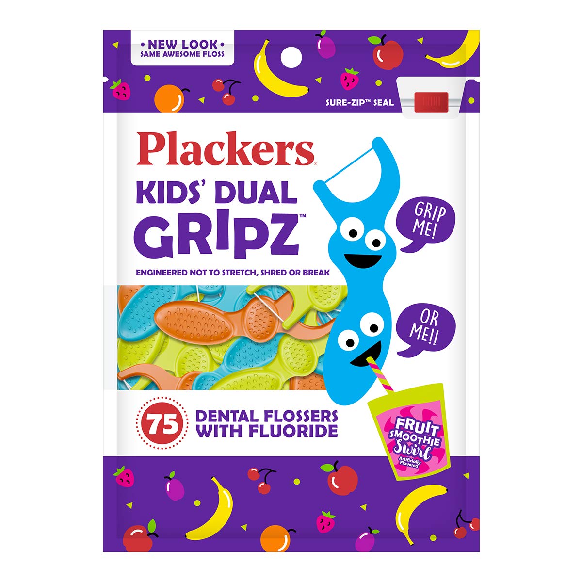 Plackers Kids Dual Gripz Floss Picks with Double Grip Handle & Twin-Line Dental Flossers, Cool Mint Flavor, Dual Action Flossing System, Easy Storage, Super Tuffloss, 2X The Clean, 75 Count