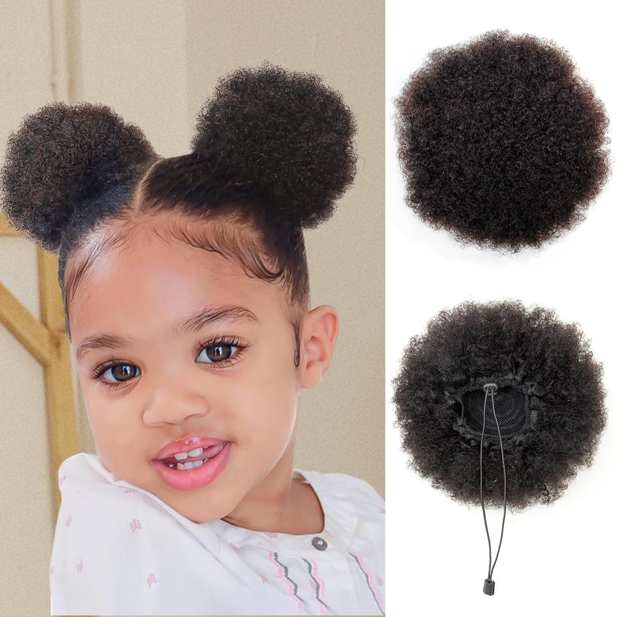 isheeny 2 PIECES Afro Puffs Natural Black Afro Puff Hair Bun For Kids, 100% Remy Human Hair Small Drawstring Ponytail For Little Girls, Curly Hairpiece Natural, Soft, And Durable For Repeated Use