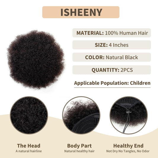 isheeny 2 PIECES Afro Puffs Natural Black Afro Puff Hair Bun For Kids, 100% Remy Human Hair Small Drawstring Ponytail For Little Girls, Curly Hairpiece Natural, Soft, And Durable For Repeated Use