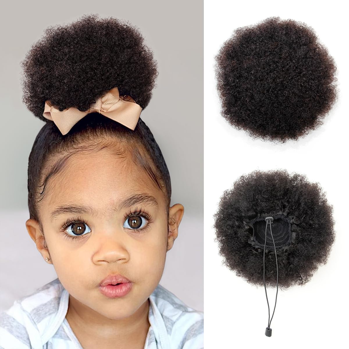 isheeny 2 PIECES Afro Puffs Natural Black Afro Puff Hair Bun For Kids, 100% Remy Human Hair Small Drawstring Ponytail For Little Girls, Curly Hairpiece Natural, Soft, And Durable For Repeated Use