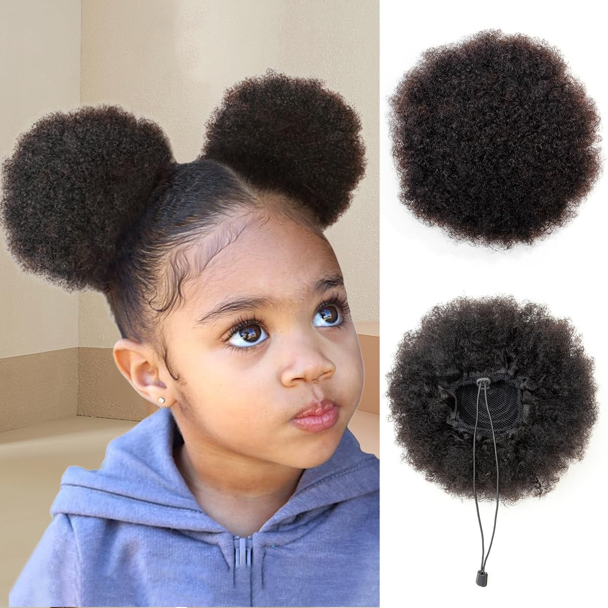 isheeny 2 PIECES Afro Puffs Natural Black Afro Puff Hair Bun For Kids, 100% Remy Human Hair Small Drawstring Ponytail For Little Girls, Curly Hairpiece Natural, Soft, And Durable For Repeated Use