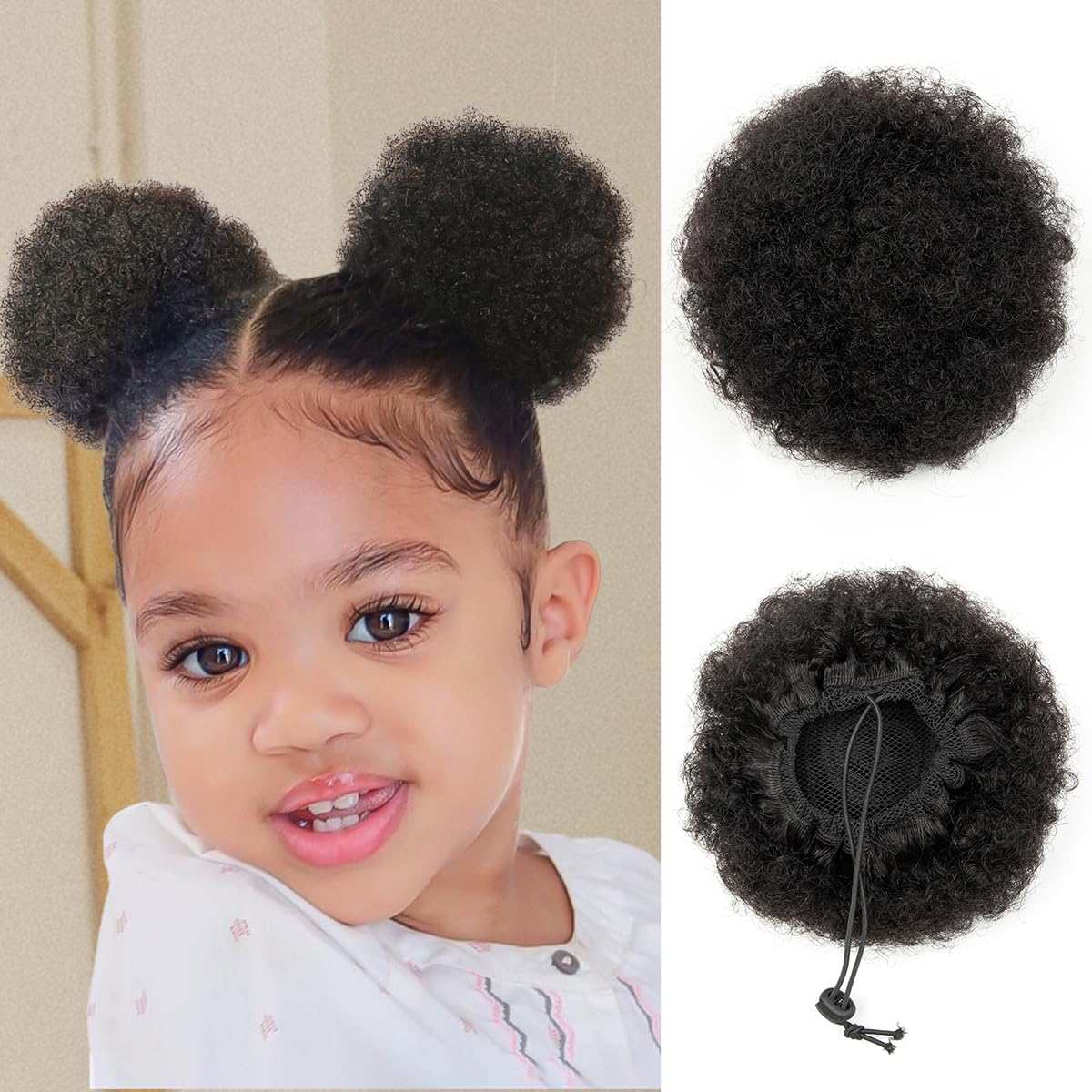 isheeny 2 PIECES Afro Puffs Natural Black Afro Puff Hair Bun For Kids, 100% Remy Human Hair Small Drawstring Ponytail For Little Girls, Curly Hairpiece Natural, Soft, And Durable For Repeated Use