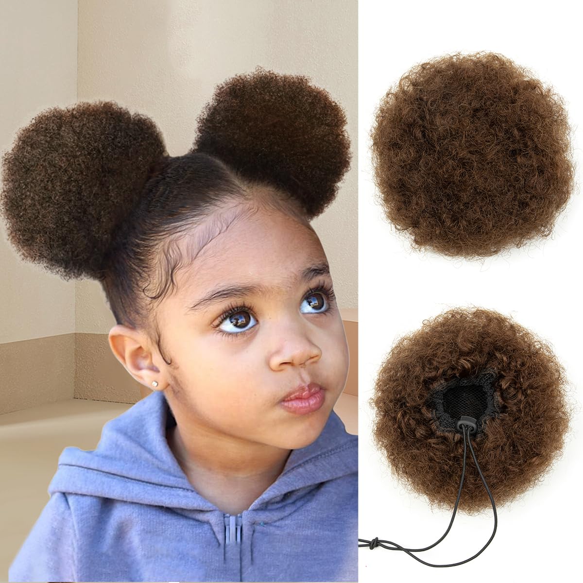 isheeny 2 PIECES Afro Puffs Natural Black Afro Puff Hair Bun For Kids, 100% Remy Human Hair Small Drawstring Ponytail For Little Girls, Curly Hairpiece Natural, Soft, And Durable For Repeated Use