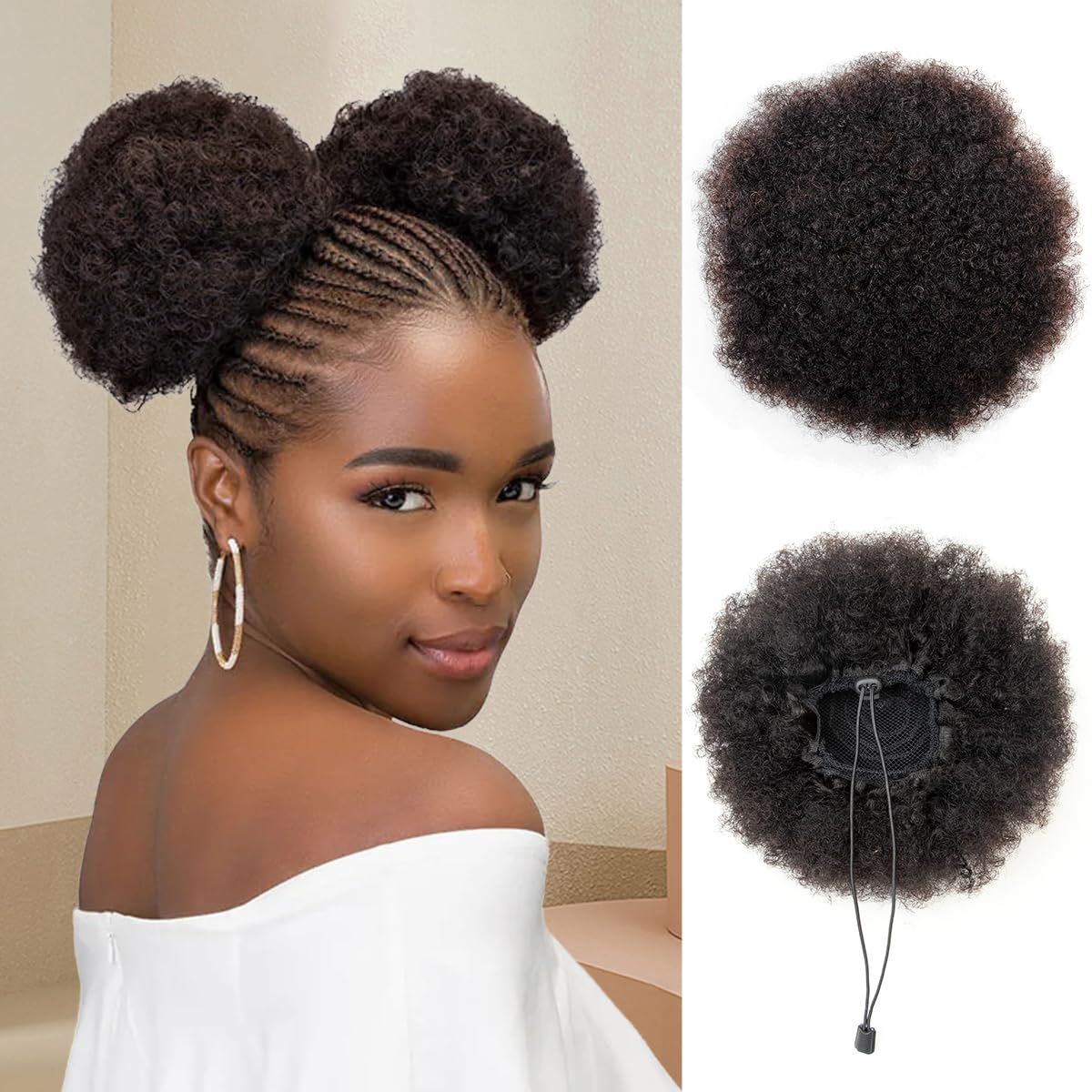 isheeny 2 PIECES Afro Puffs Natural Black Afro Puff Hair Bun For Kids, 100% Remy Human Hair Small Drawstring Ponytail For Little Girls, Curly Hairpiece Natural, Soft, And Durable For Repeated Use