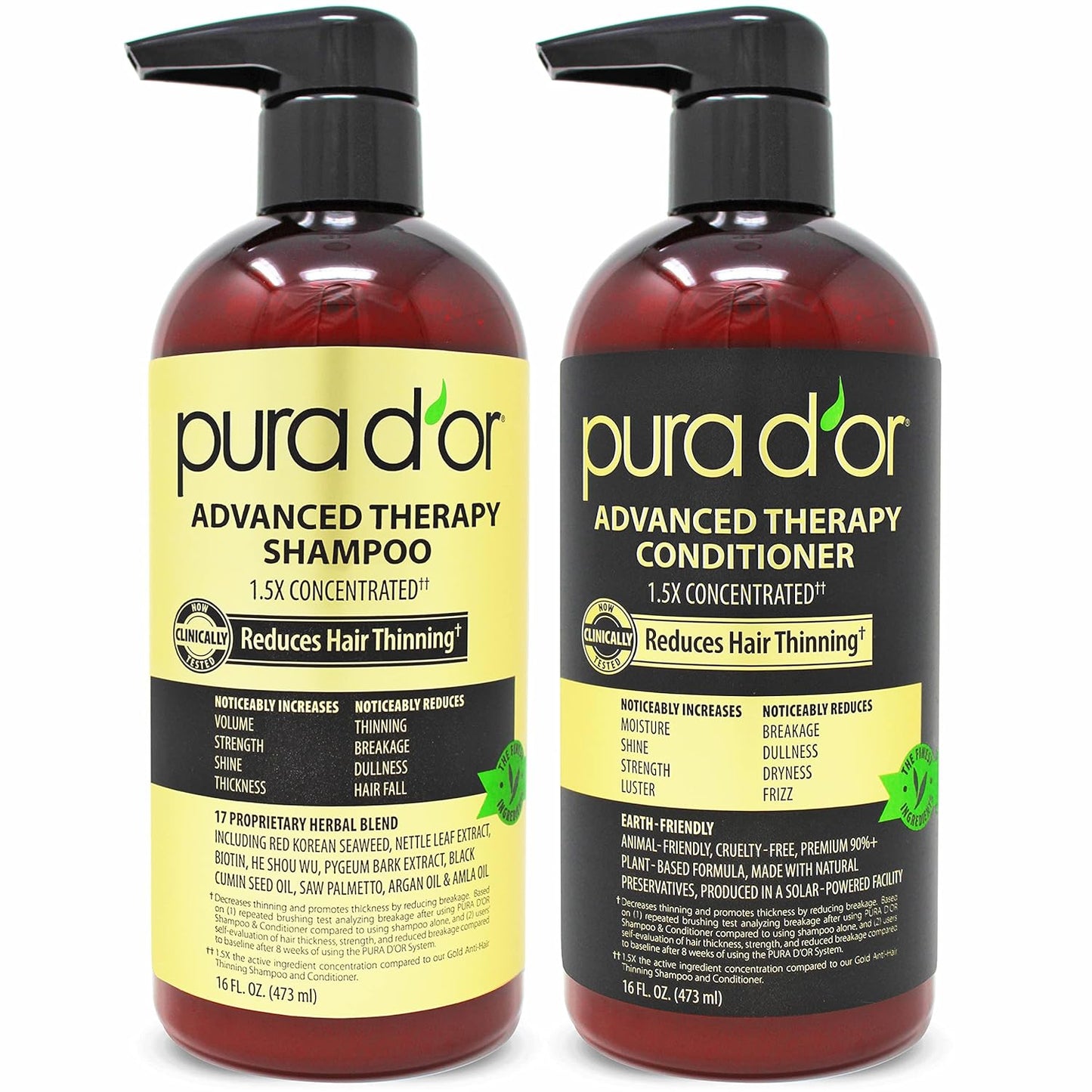 PURA D'OR Anti-Thinning Advanced Therapy Biotin Shampoo & Conditioner Hair Care Set & Scalp Therapy Shampoo & Healing Conditioner Set16 fl oz x 2