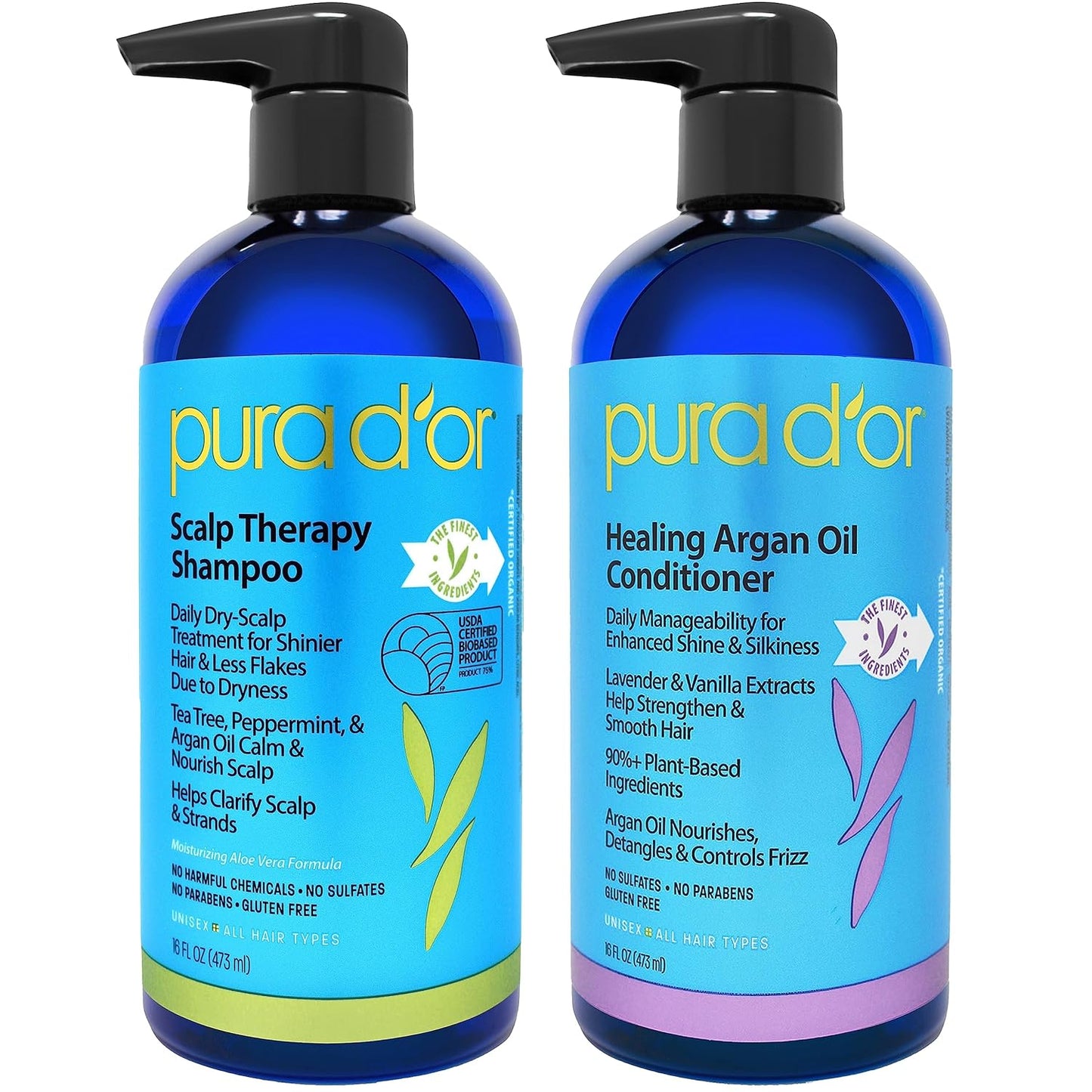 PURA D'OR Anti-Thinning Advanced Therapy Biotin Shampoo & Conditioner Hair Care Set & Scalp Therapy Shampoo & Healing Conditioner Set16 fl oz x 2